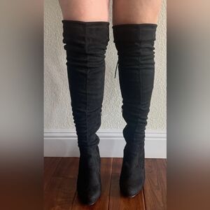 FASHION NOVA Paige Pretty In Thigh High Black Suede Zip Boots Size 9 Tie Back